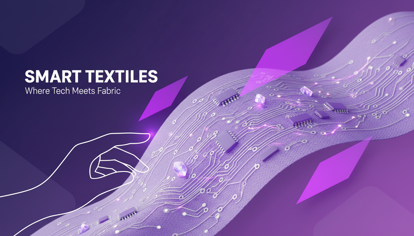 Modern illustration of smart textiles blending fabric and electronics, featuring geometric shapes and indigo gradients, highlighting innovation.