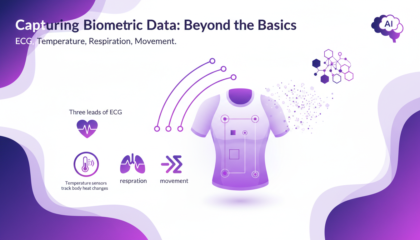 Modern illustration of smart garments capturing ECG, temperature, respiration, and movement, symbolizing biometric innovation.