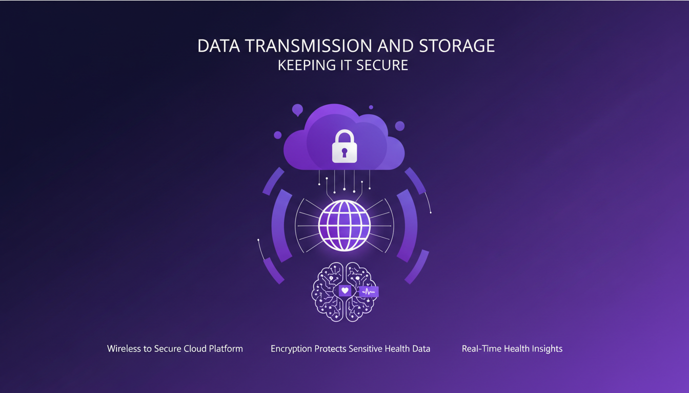 Modern illustration of secure data transmission to the cloud with encryption in violet and indigo, for real-time health insights.