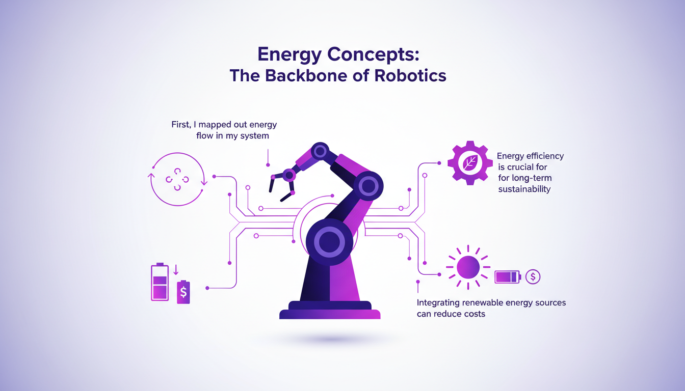 Modern minimalist illustration of energy in robotics, depicting energy flow, efficiency, and renewable sources for sustainability.