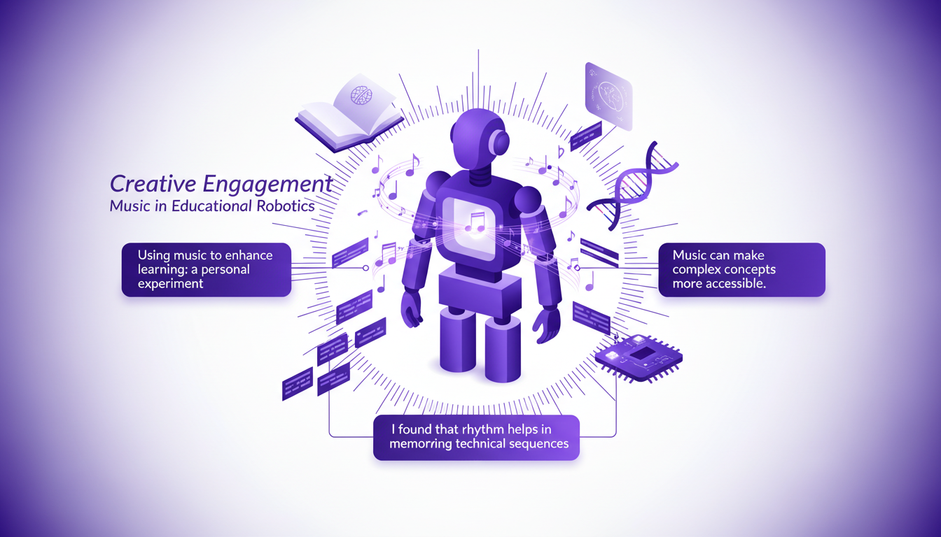 Modern illustration of creative engagement in educational robotics with music, featuring geometric shapes and indigo gradients.