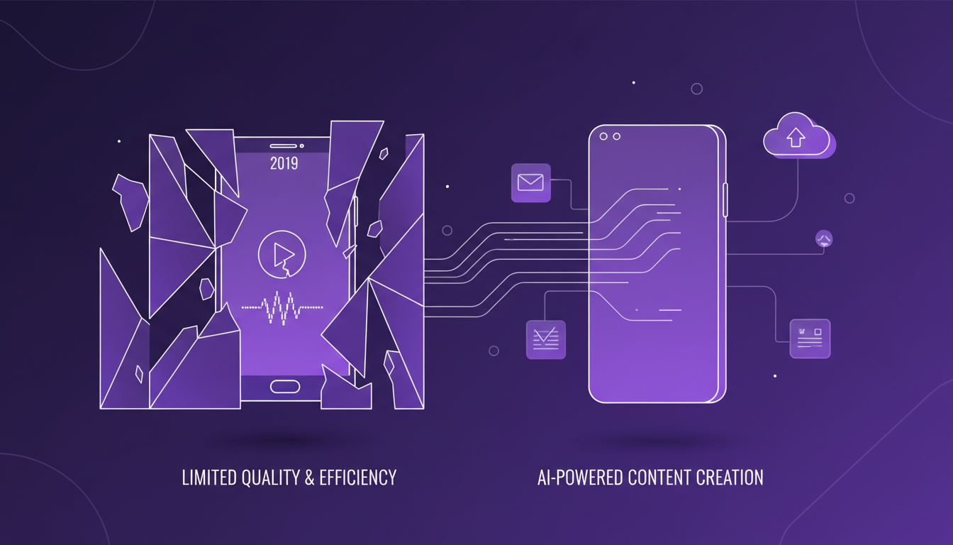 Modern illustration depicting the struggle with outdated technology, featuring a 4-year-old phone on an indigo and violet gradient background.