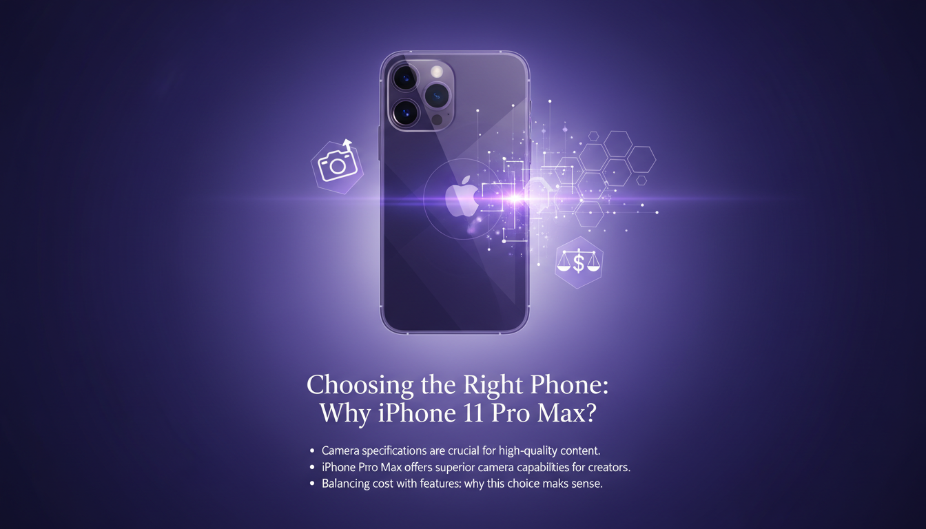 Modern illustration of iPhone 11 Pro Max highlighting superior camera capabilities, ideal for content creators, in deep indigo and violet.