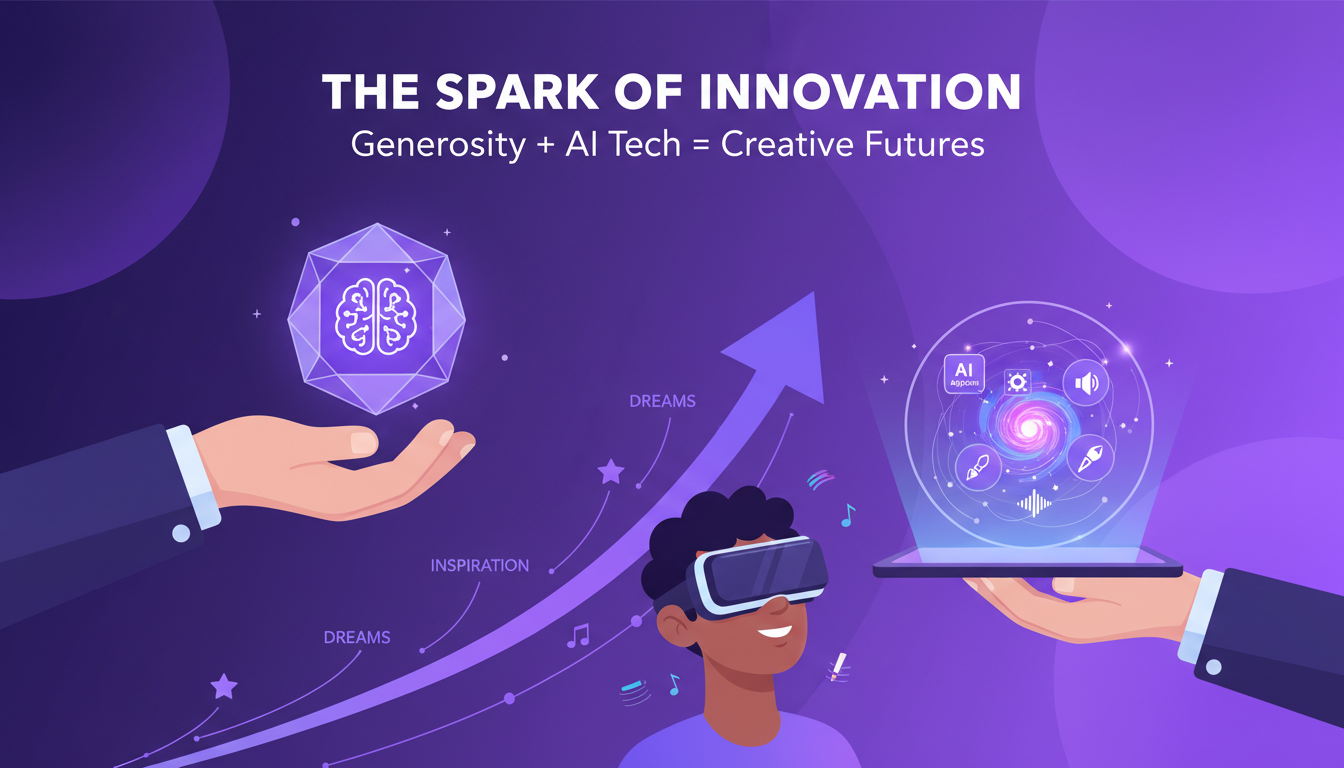 Modern illustration depicting the impact of generosity and cutting-edge tech with geometric shapes and violet gradients.