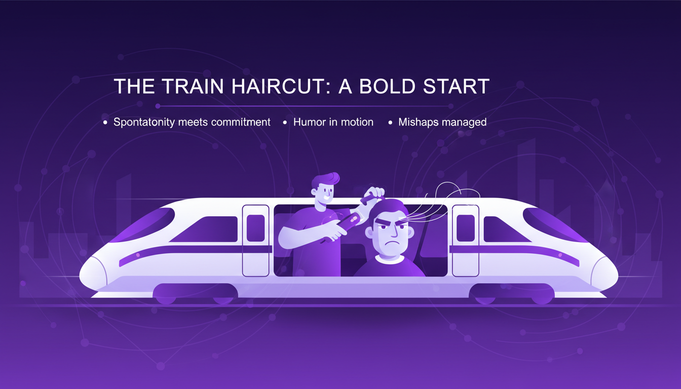 Modern illustration of a bold train haircut, blending spontaneity and commitment with indigo and violet hues, geometric shapes.