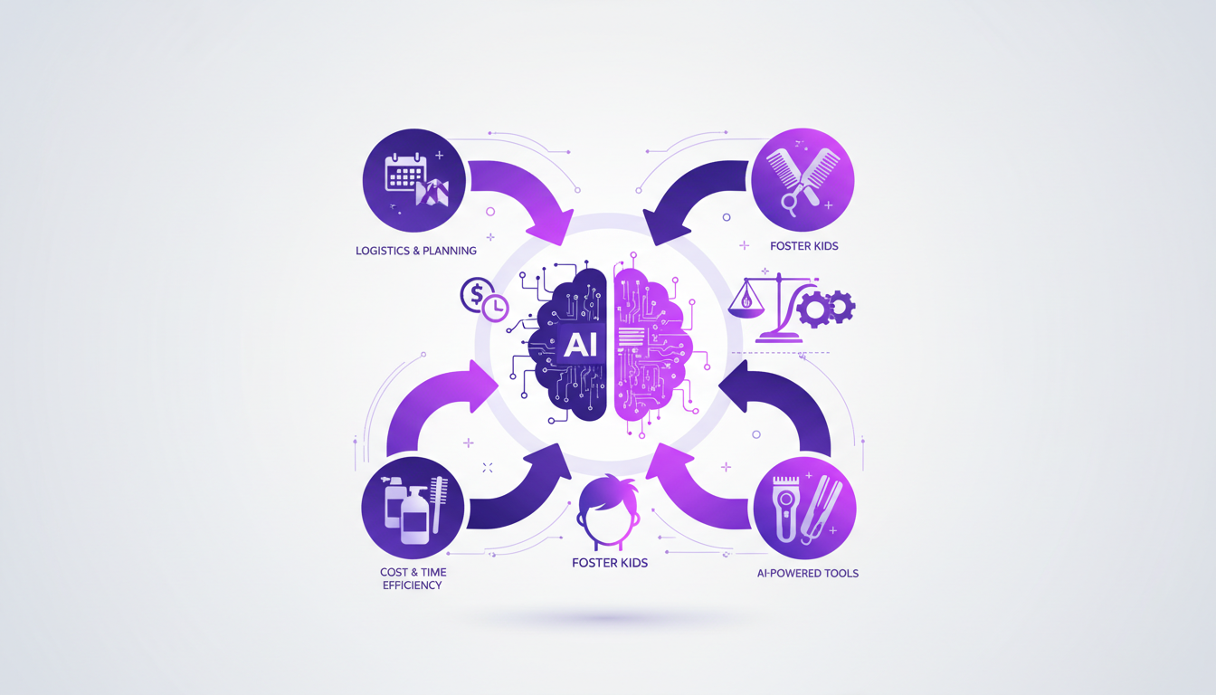 Modern illustration of free hair services for foster kids, highlighting planning, efficiency, and quality with a minimalist design.