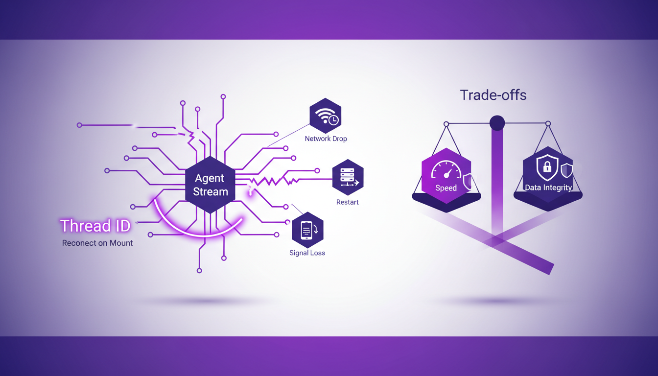 Modern minimalist illustration on reconnecting to agent streams post-interruptions, featuring thread ID handling and reconnect on mount.
