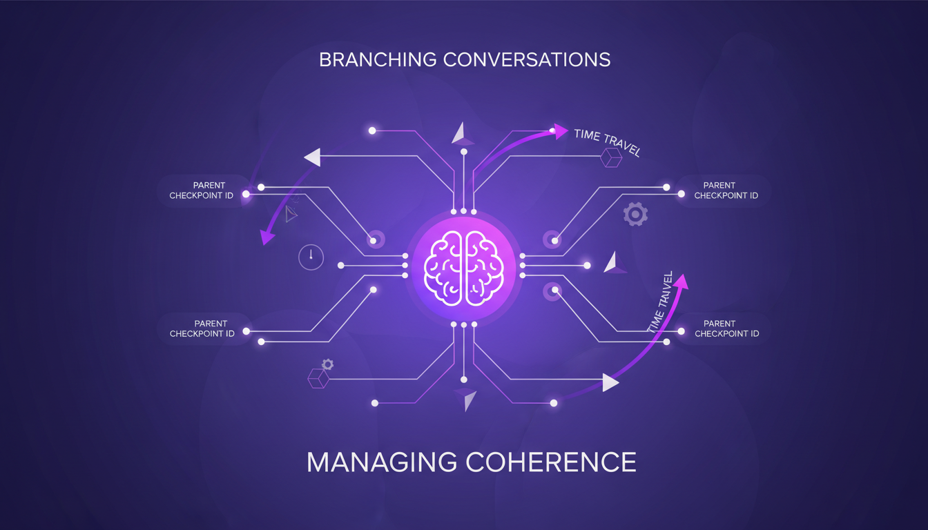 Modern illustration of branching conversations and time traveling capabilities in AI tech, featuring geometric shapes and gradient overlays.