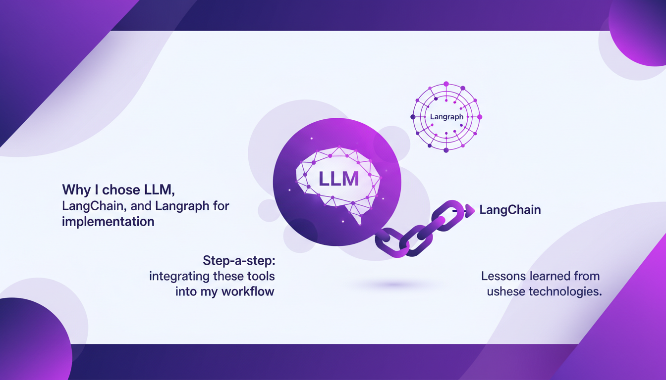 Modern illustration of integrating LLM, Lang Chain, Langraph tools with geometric shapes and violet gradients.