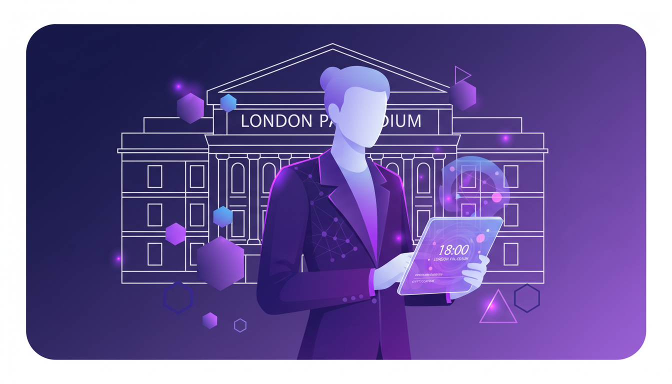 Illustration moderne préparant un discours au London Palladium à 18h, tenue professionnelle et élégante, technologie IA.