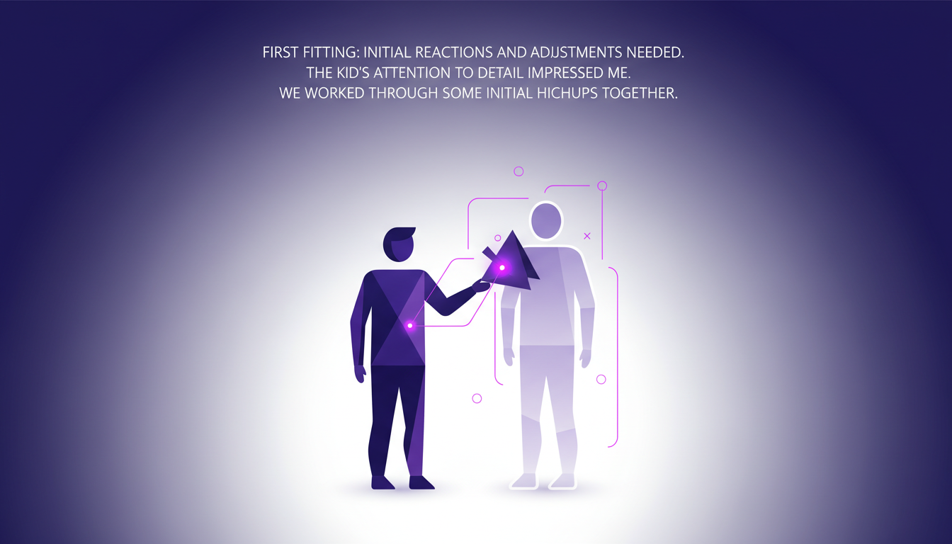 Illustration moderne de l'essayage d'un nouveau look, avec un enfant attentif aux détails, dans des tons indigo et violet.