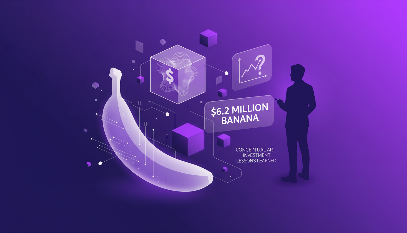 Modern illustration of Justin Sun's art purchase, symbolizing value perception with a $6.2 million banana, in deep indigo and violet.