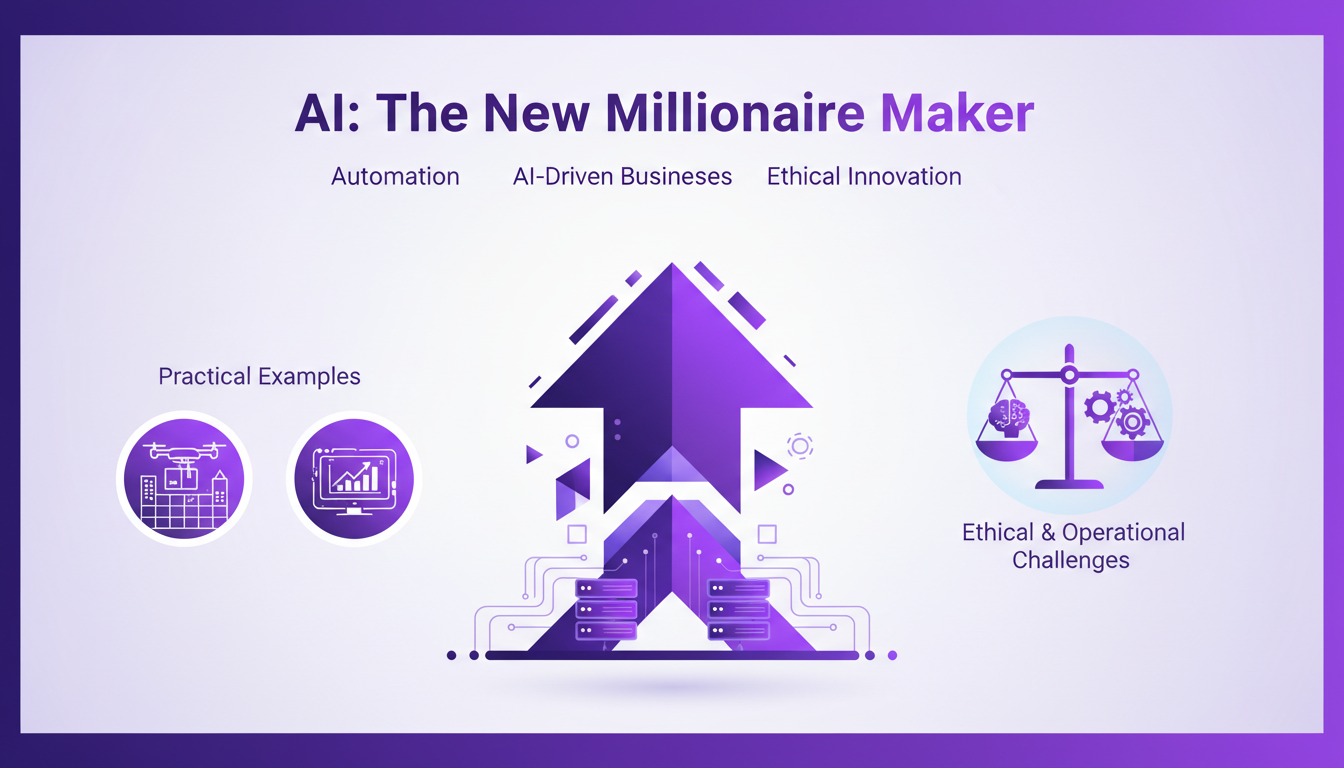 Modern illustration of AI generating wealth, featuring geometric shapes and violet gradients, symbolizing innovation and opportunity.