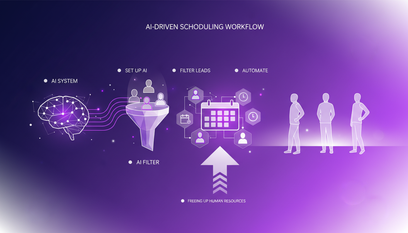 Illustration moderne de planification de rendez-vous par IA, montrant les interactions client, filtrage des prospects et automatisation.