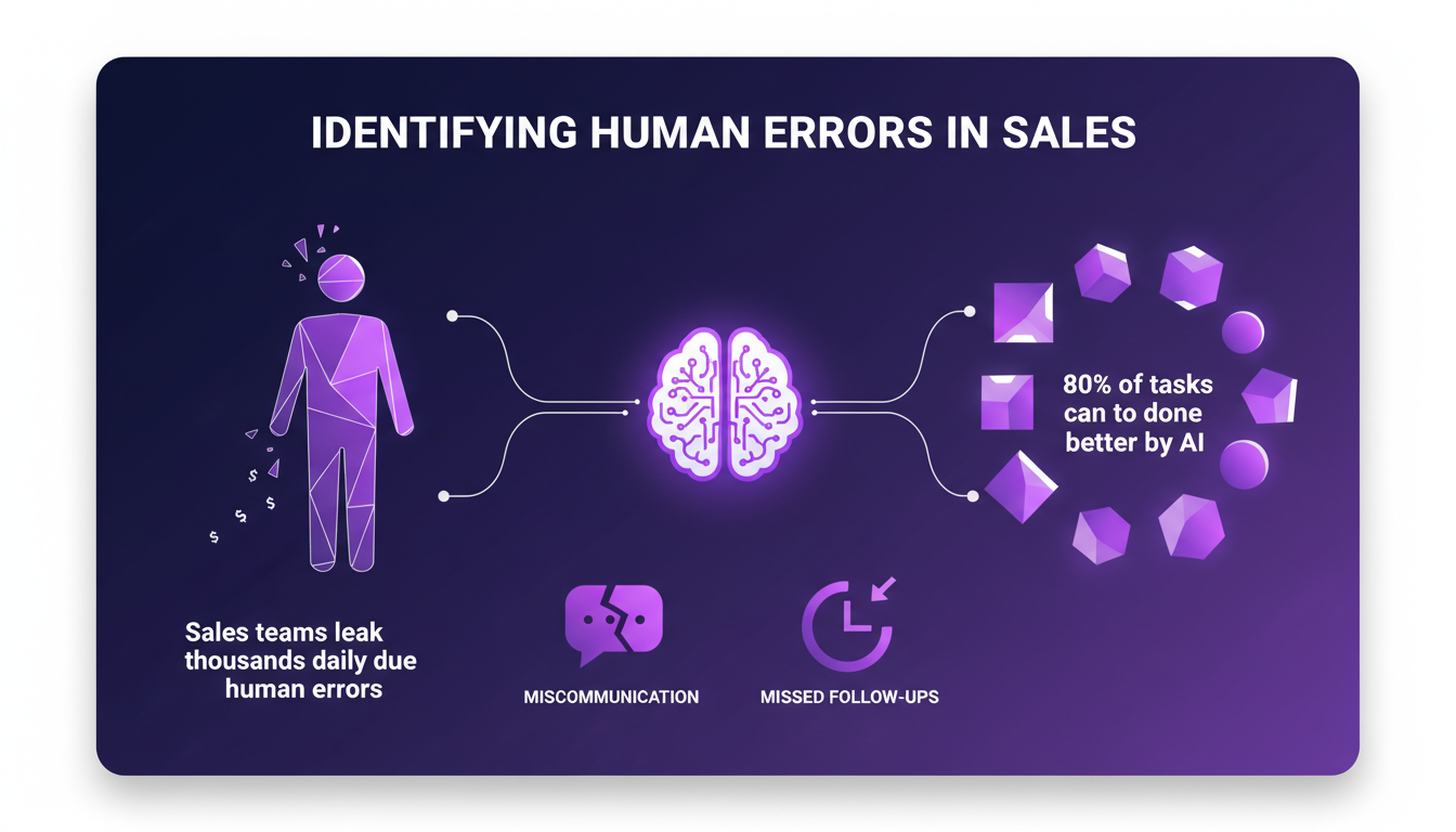 Modern illustration of human errors in sales, highlighting AI's impact with geometric shapes and violet gradients.
