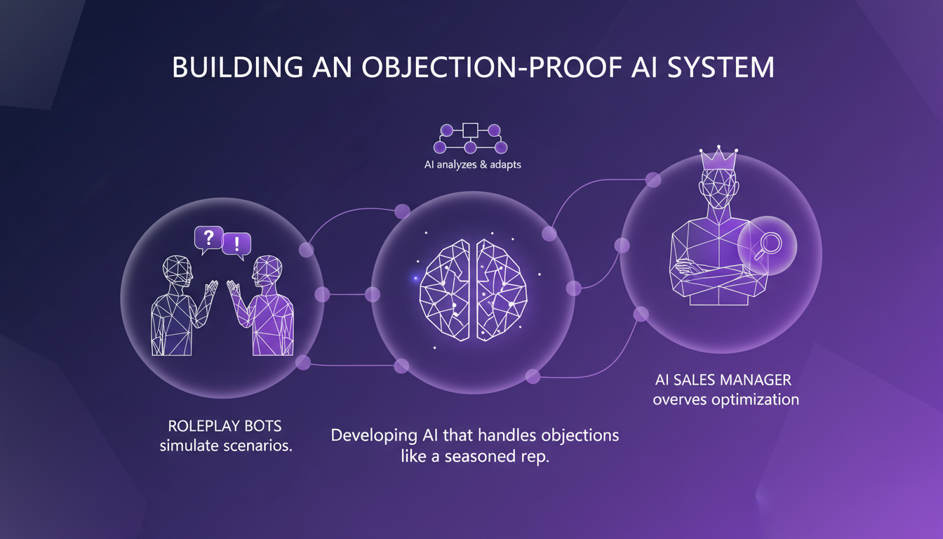 Modern illustration of an objection-proof AI system with geometric shapes, gradients, and an AI manager optimizing the process.