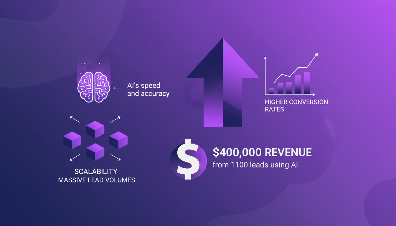 Modern illustration of revenue gains with AI sales, $400k from 1100 leads, high conversion via AI, minimalist style.