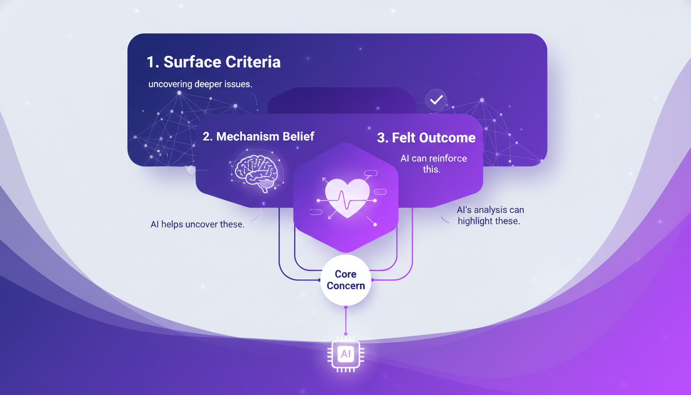 Modern illustration of the four layers of sales objections, showcasing AI's role in uncovering issues, featuring geometric shapes and gradients.