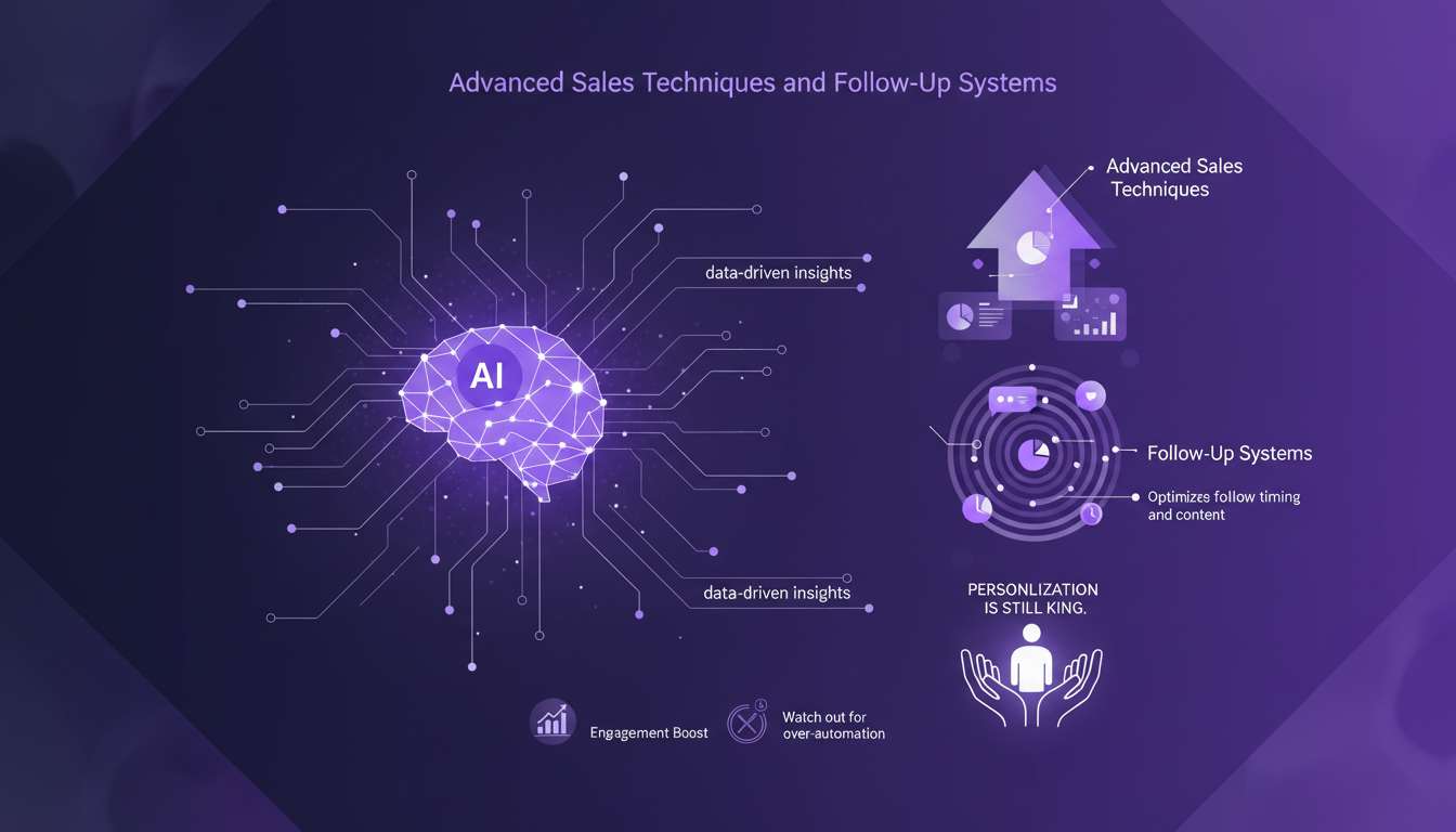Modern illustration of advanced sales techniques with AI, featuring geometric shapes and gradients, optimizing personalized follow-up.