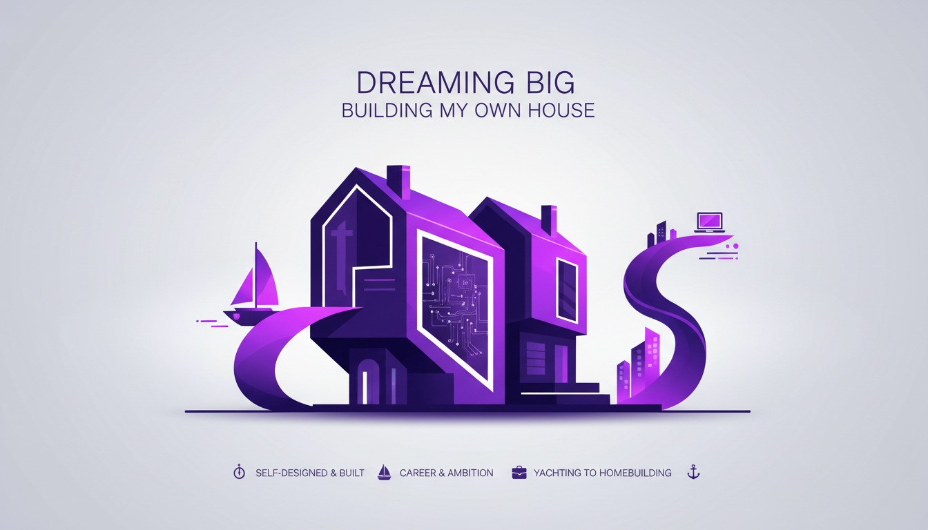Modern illustration of a self-designed home, blending yachting skills, featuring geometric shapes and violet gradients, reflecting innovation.
