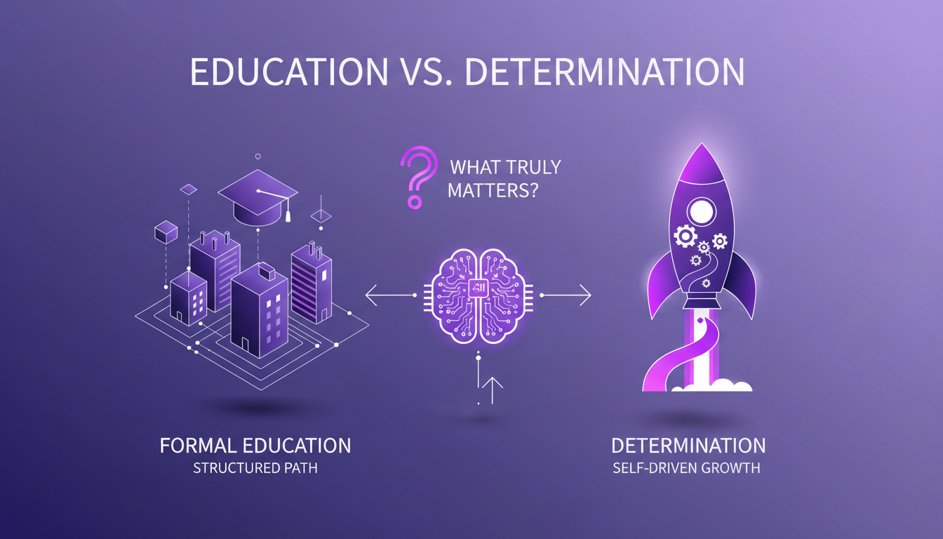 Modern minimalist illustration depicting education vs determination, symbolizing career success with geometric shapes and violet gradients.