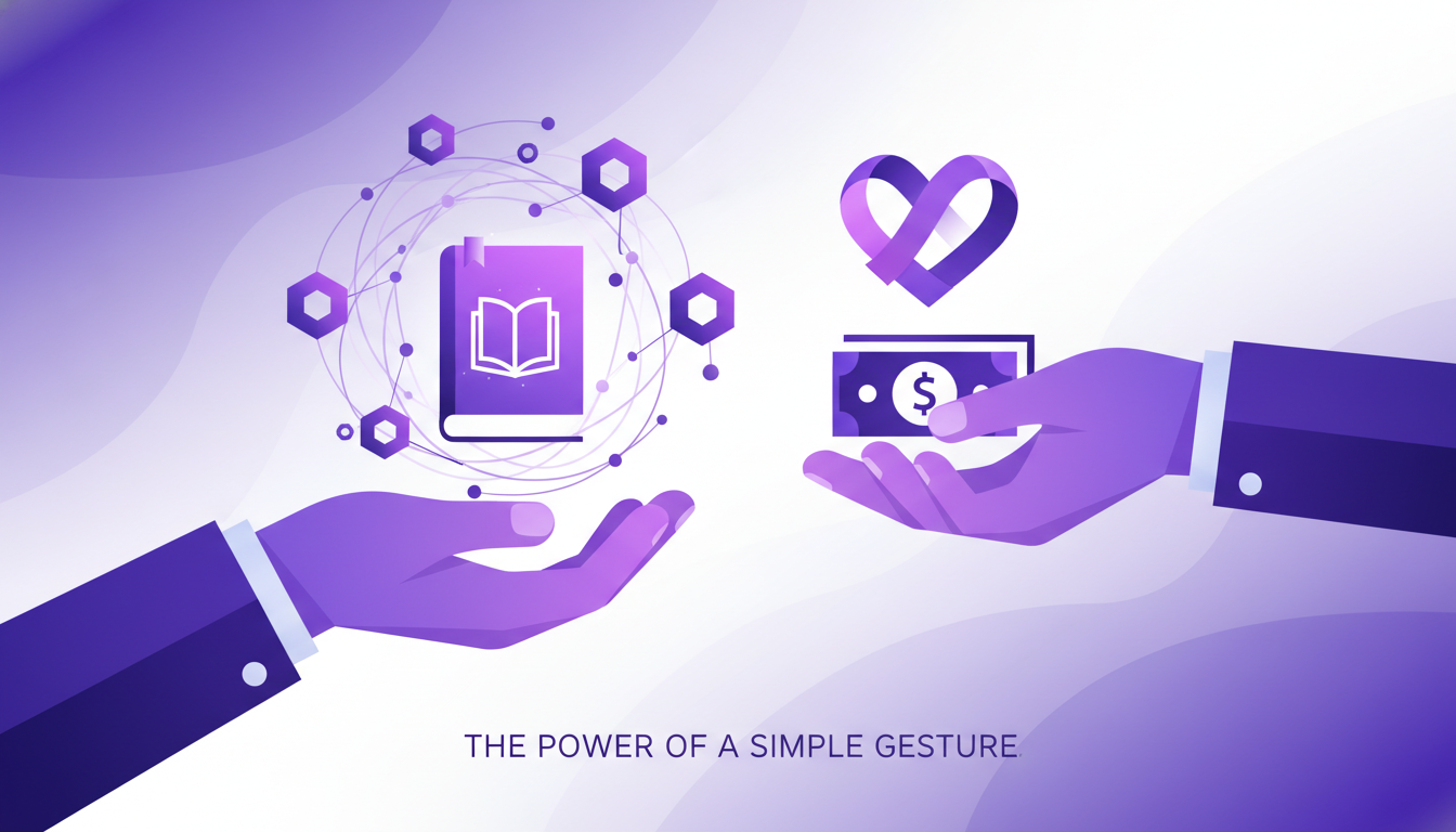 Illustration moderne minimaliste d'un geste simple avec un livre et de l'argent, symbolisant la générosité et l'impact émotionnel.