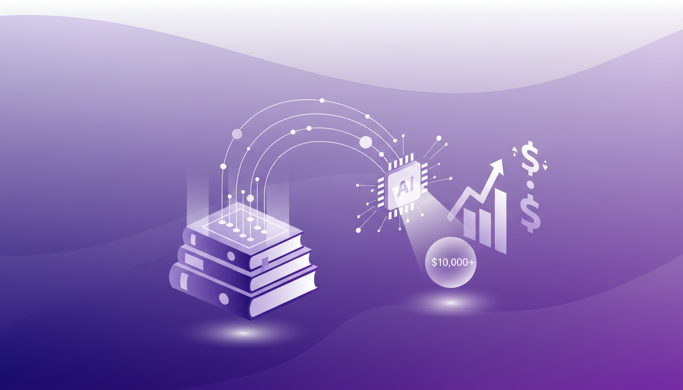 Illustration moderne montrant comment les livres et la connaissance stimulent la croissance financière, avec des formes géométriques et des dégradés violets.