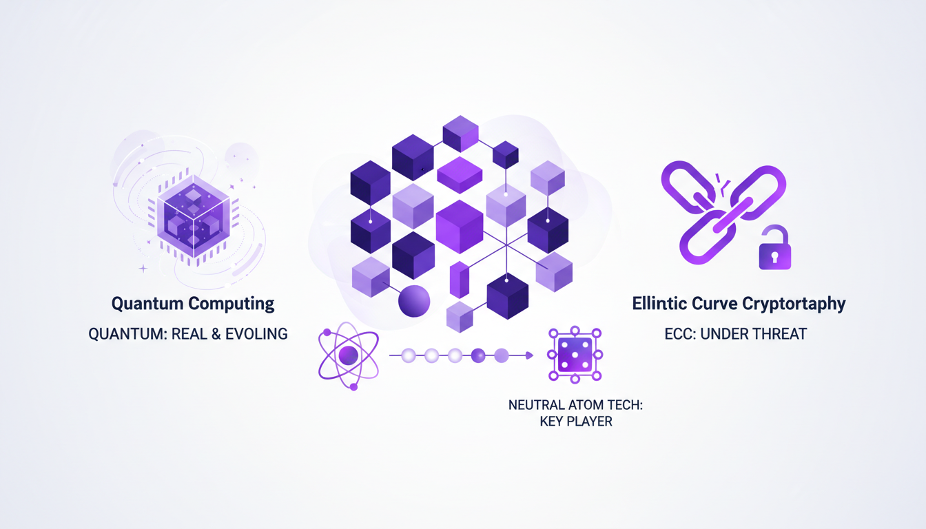 Modern illustration of advancements in quantum computing and cryptography, featuring geometric shapes and violet gradients.