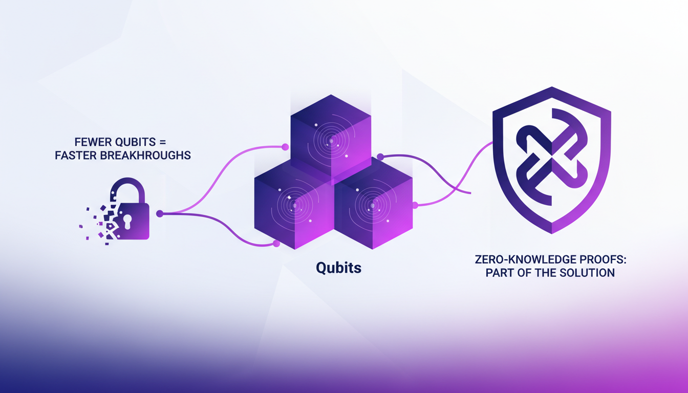 Professional, modern illustration of qubits and their impact on encryption, highlighting fast breakthroughs and zero-knowledge proofs.