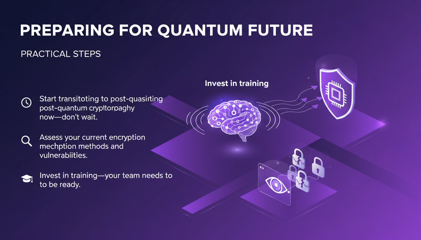 Modern illustration on preparing for the quantum future with key concepts in post-quantum cryptography and team training.