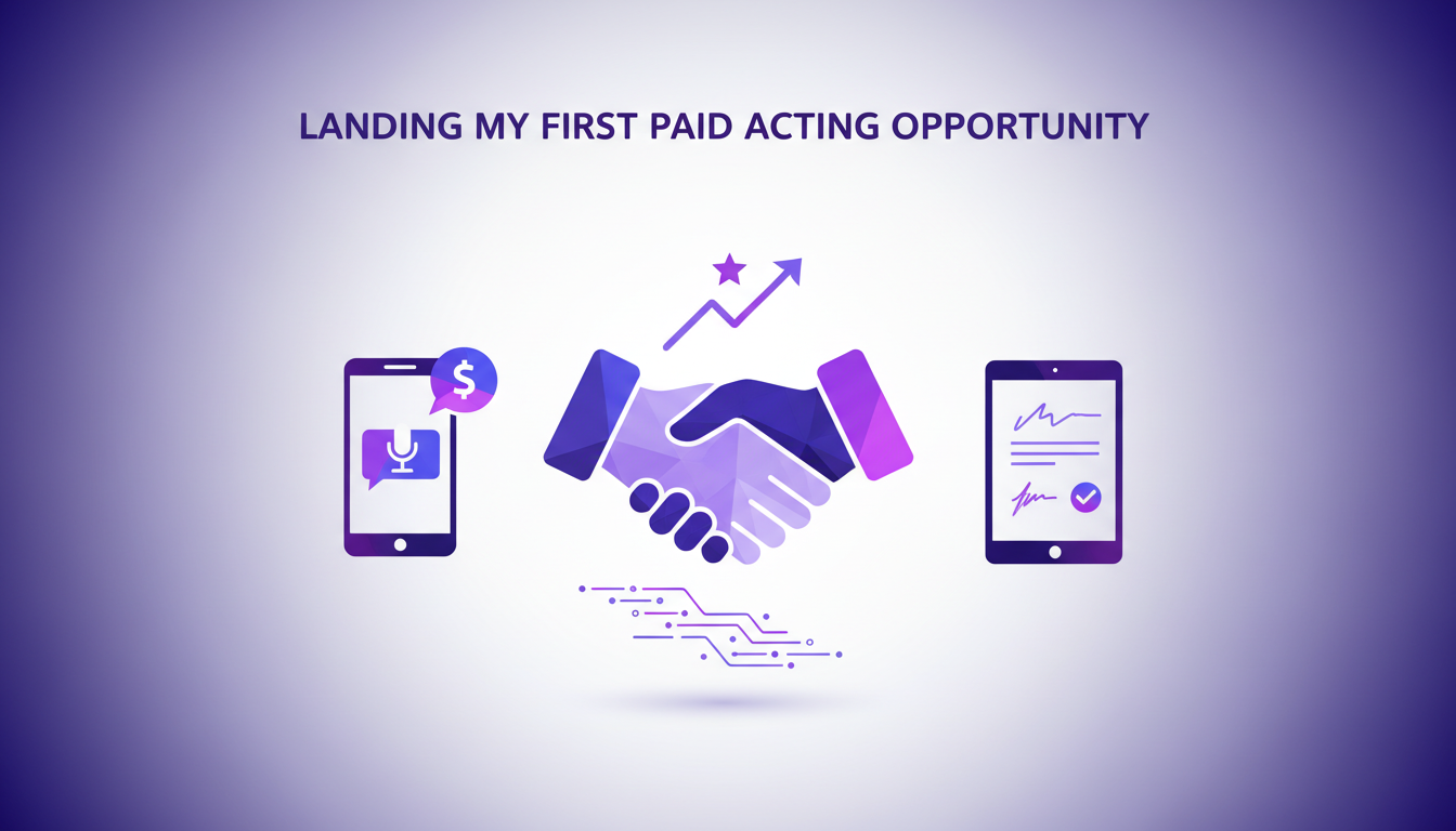 Modern illustration of landing a first paid acting role, featuring geometric shapes and indigo-violet gradients, symbolizing career growth.