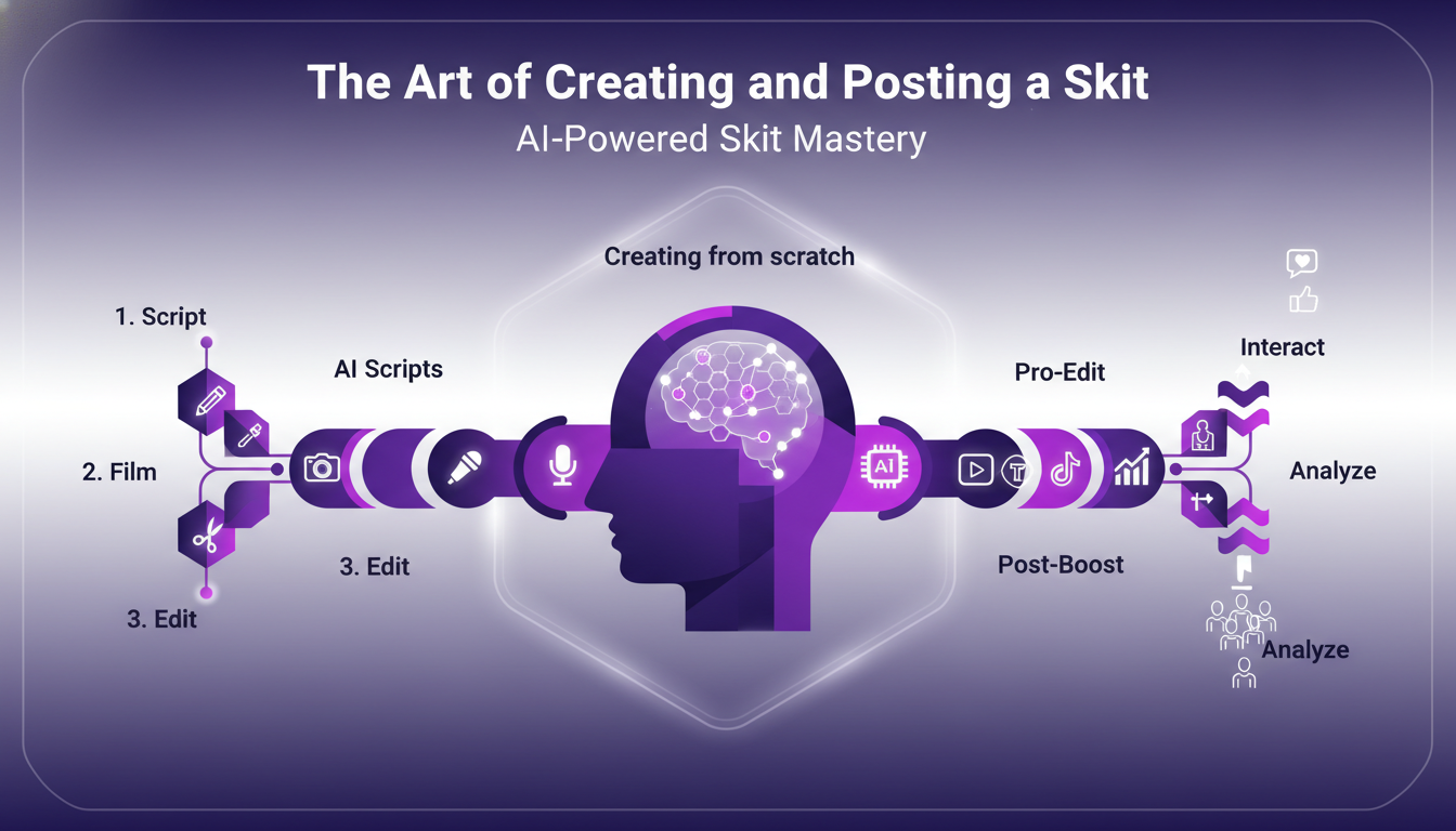 Modern illustration of skit creation, highlighting steps, tools, and platforms for posting, with geometric shapes and violet gradients.