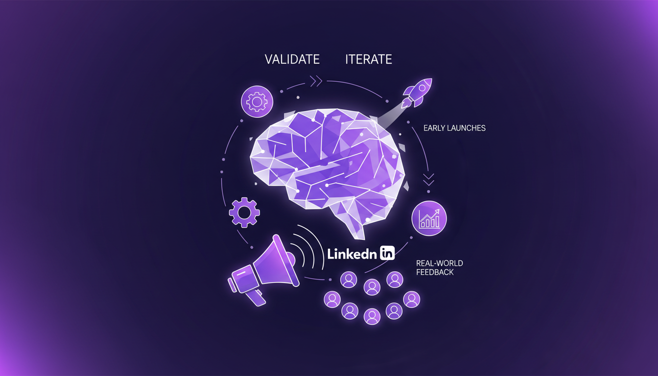 Illustration moderne de validation et itération précoce, avec formes géométriques et dégradés indigo et violet, symbolisant la transparence et l'innovation.