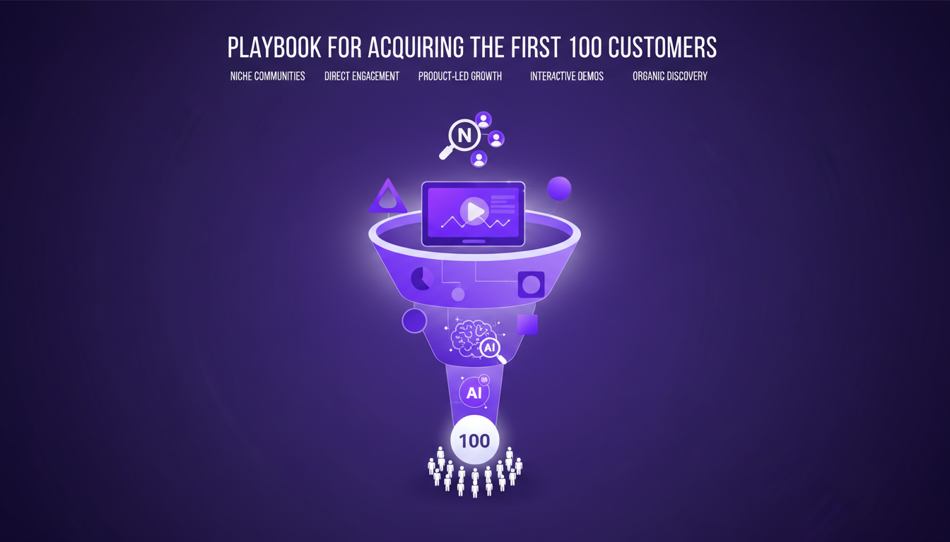 Illustration moderne de la stratégie pour acquérir 100 premiers clients, axée sur communautés de niche, croissance produit, SEO, technologie AI.