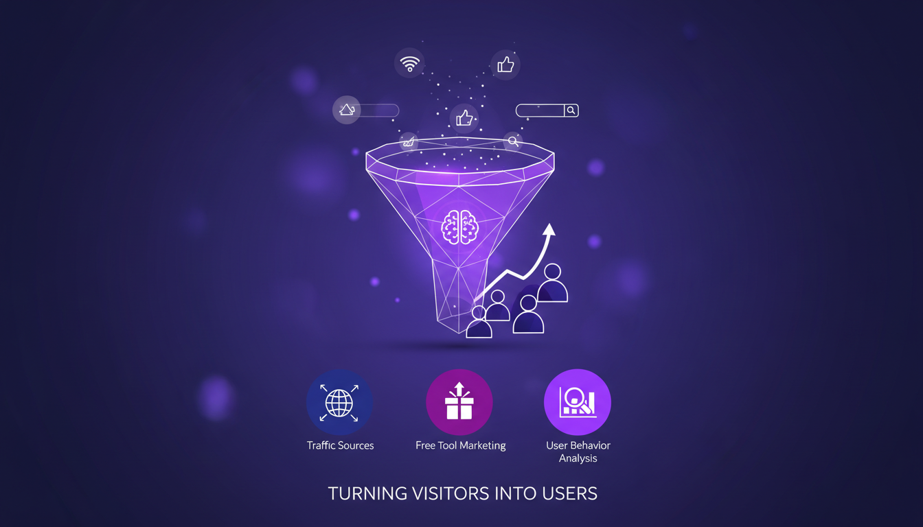 Illustration moderne sur le trafic et la conversion des utilisateurs, avec des formes géométriques et des dégradés indigo et violet.