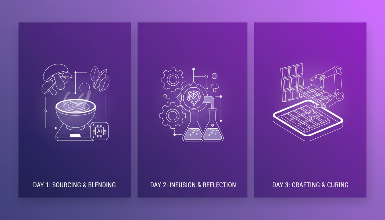Modern illustration of the 3-day mushroom chocolate production process, featuring geometric shapes and violet gradients.