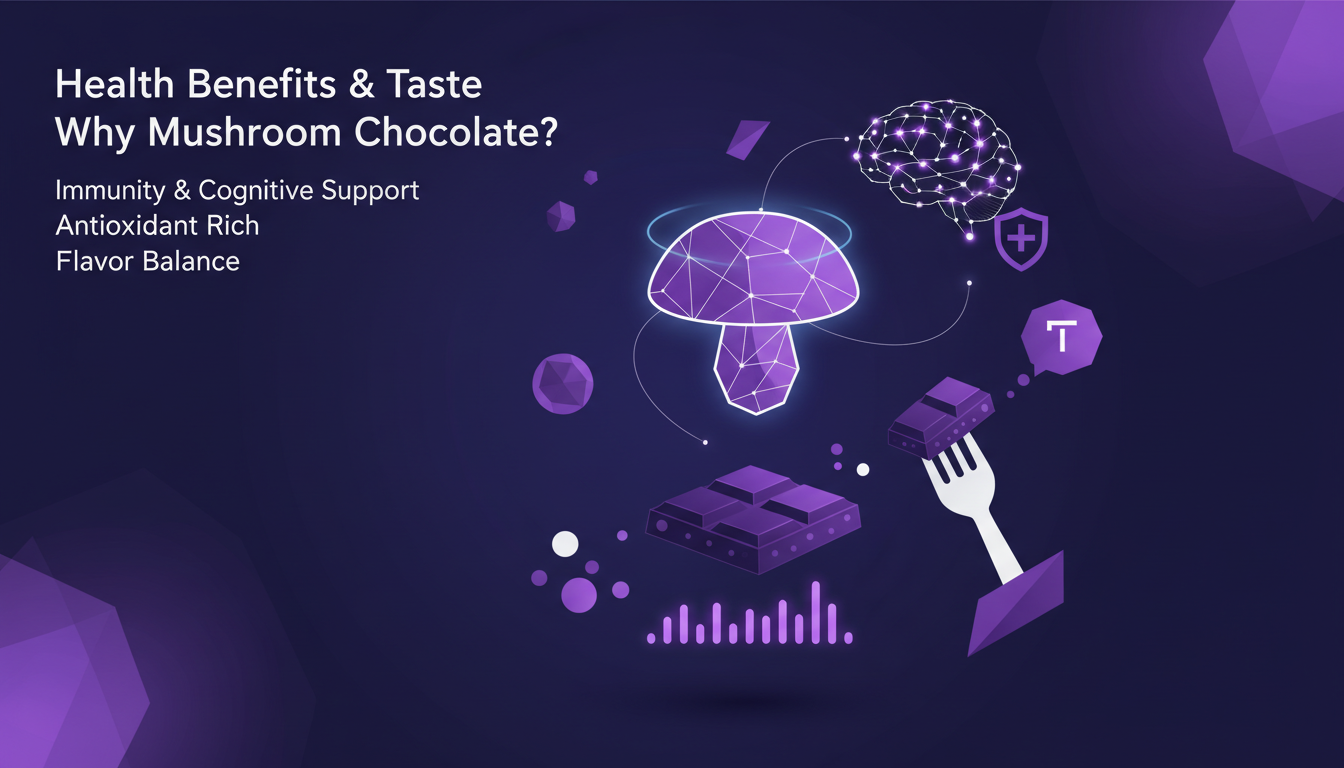 Modern illustration of mushroom chocolate, highlighting health benefits and taste, with geometric shapes and indigo-violet gradients.