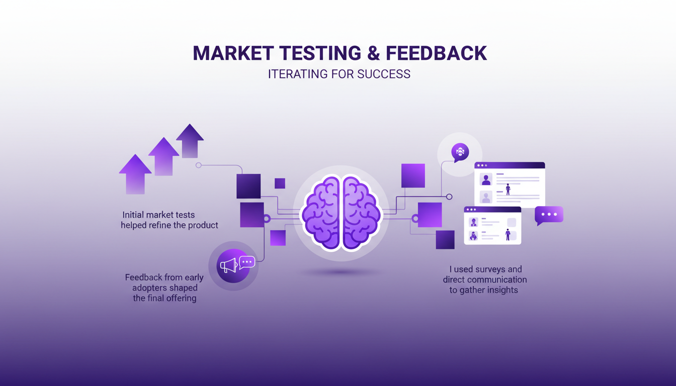 Modern illustration of market testing and feedback with geometric shapes and indigo-violet gradients, highlighting AI technology.