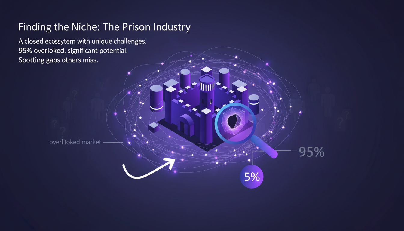 Illustration moderne sur l'industrie pénitentiaire, mettant en avant l'IA pour identifier des niches, avec des formes géométriques et des dégradés.