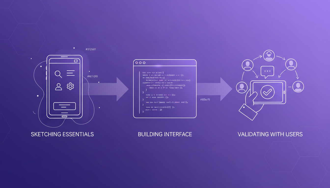 Illustration moderne de la construction et validation d'un MVP avec TypeScript et React, intégrant des formes géométriques et dégradés subtils.