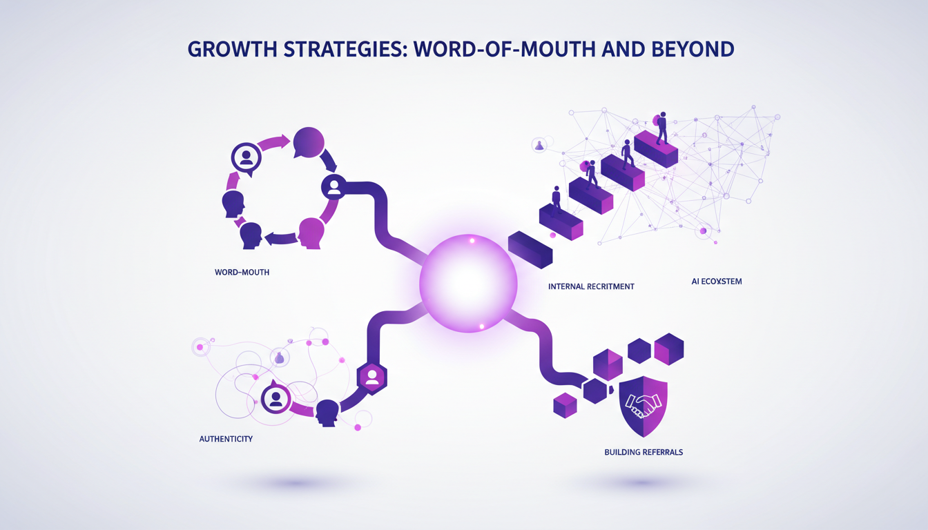 Illustration moderne minimaliste sur les stratégies de croissance, mettant en avant le bouche-à-oreille et la technologie AI.