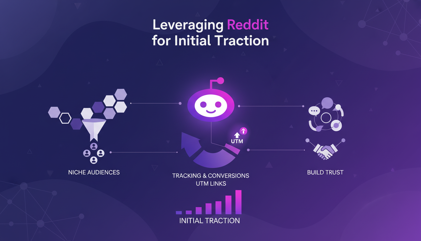 Modern illustration on leveraging Reddit for niche audiences using UTM links and community engagement, in deep indigo and violet tones.