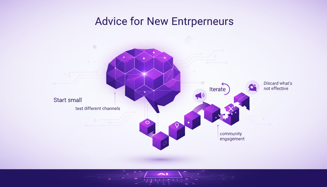 Modern illustration for entrepreneurs: advice on starting small, testing channels, engaging community; indigo and violet tones.