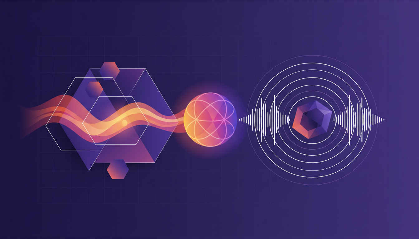 Illustration moderne de l'harmonie visuelle et auditive avec formes géométriques, couleurs chaudes et technologie IA.
