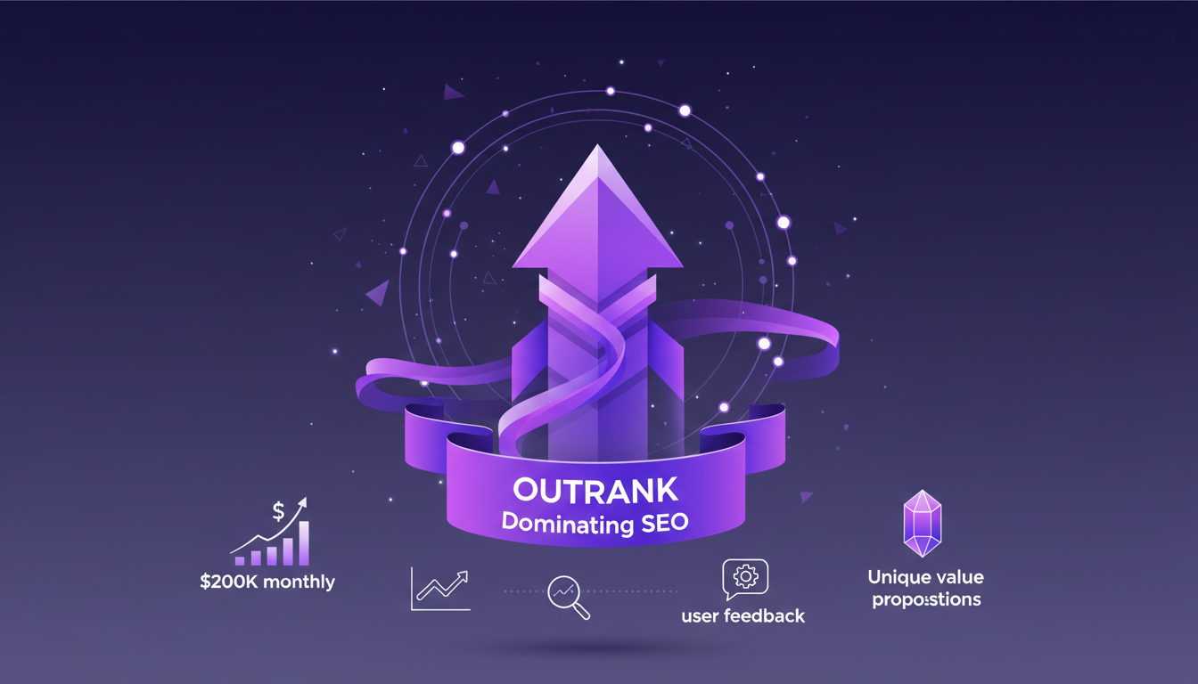 Modern illustration of Outrank, an innovative SEO tool earning $200K/month, featuring geometric shapes and indigo-violet gradients.