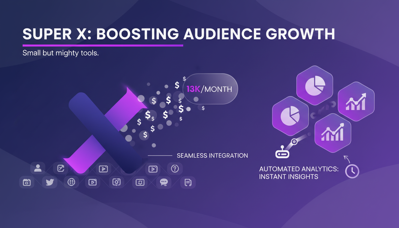 Modern illustration of Super X boosting audience growth with AI tools, seamless integration, efficiency tips, indigo-violet palette.