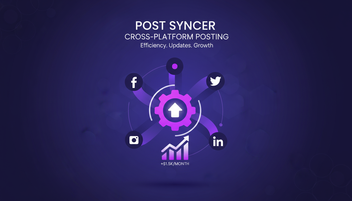 Modern illustration of Post Syncer: cross-platform posting generating $1.5K/month, showcasing AI efficiency with indigo and violet tones.