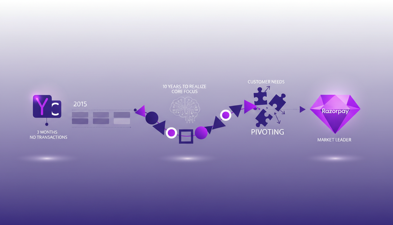 Illustration moderne de Razorpay, de YC à leader du marché, mettant en avant l'innovation, les pivots stratégiques et la satisfaction client.