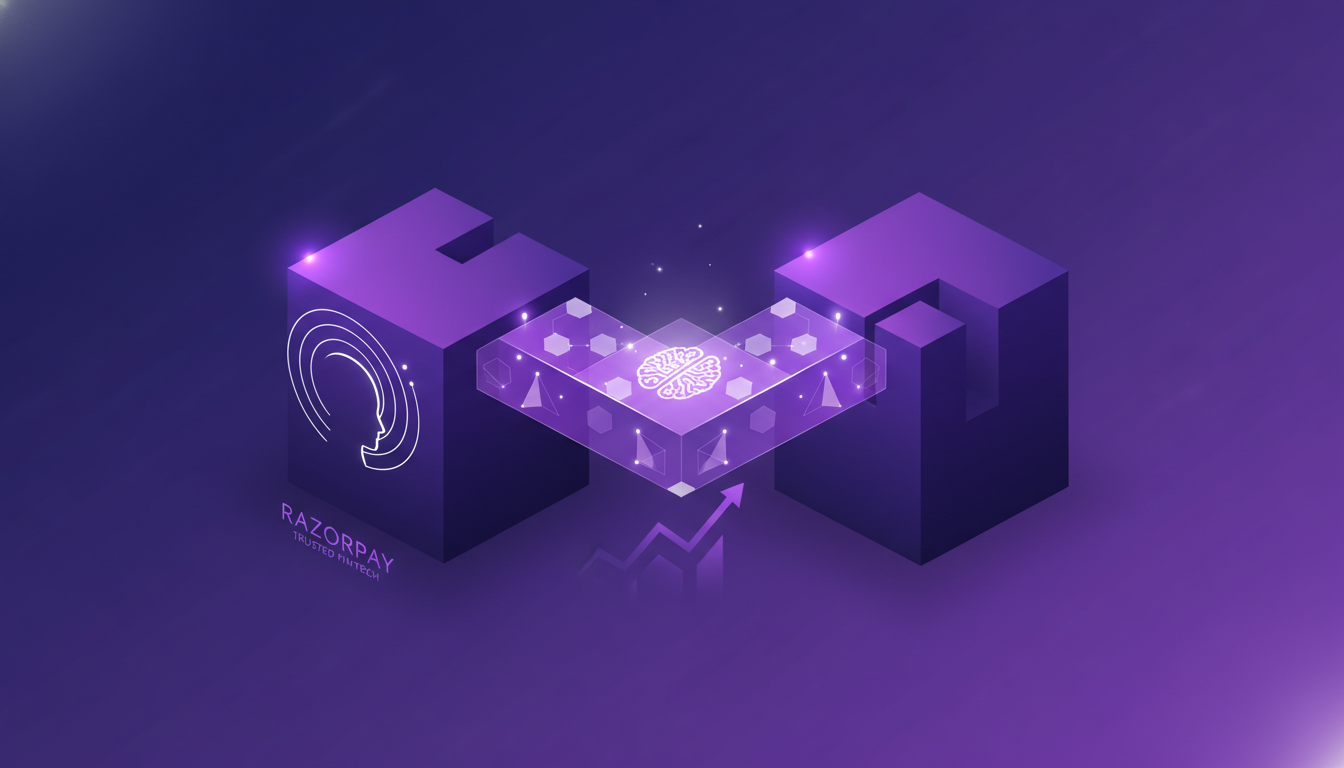 Illustration moderne et minimaliste de la confiance en B2B dans la fintech, avec des formes géométriques et un dégradé indigo-violet.