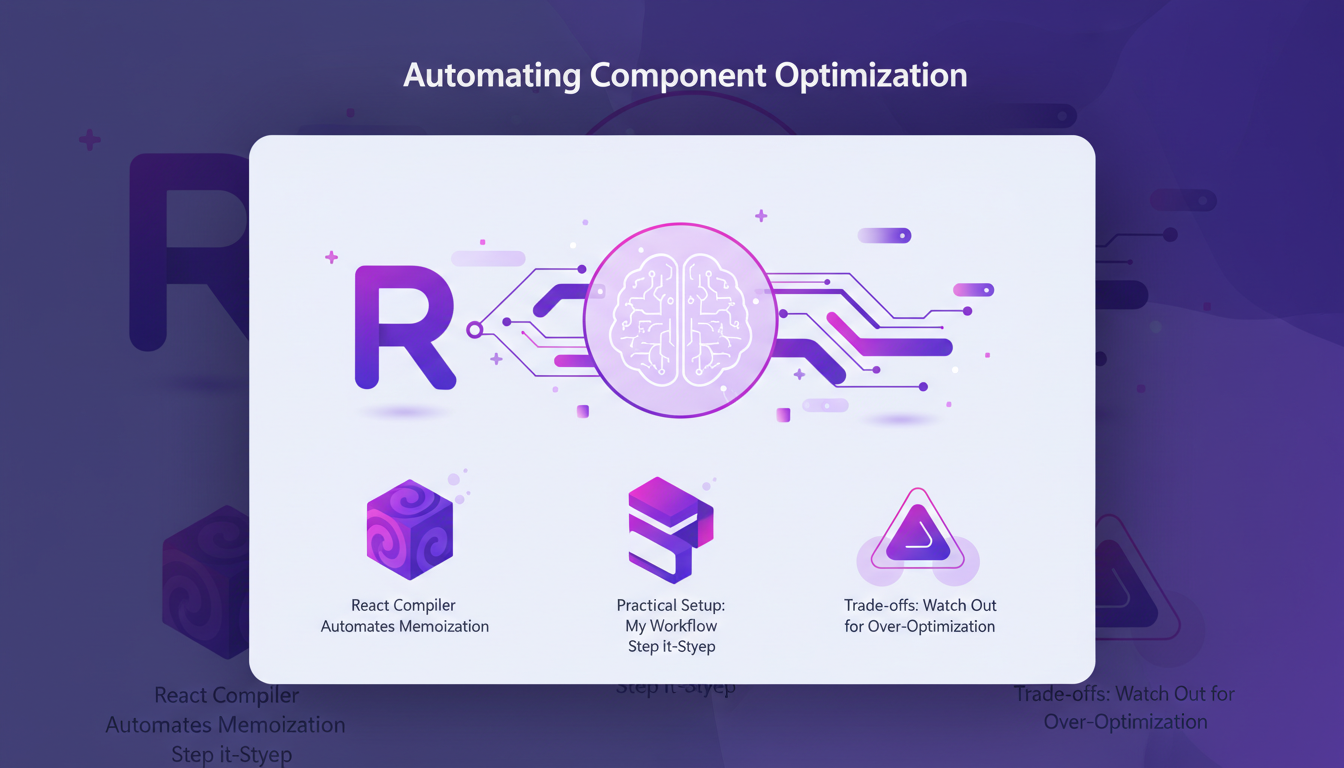 Modern illustration of automating component optimization with React Compiler, featuring geometric shapes and violet gradients.
